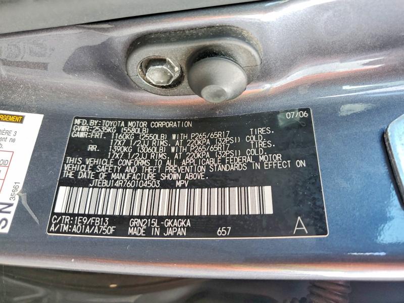 63861826 :رقم المزاد ، JTEBU14R760104503 vin ، 2006 Toyota 4runner مزاد بيع