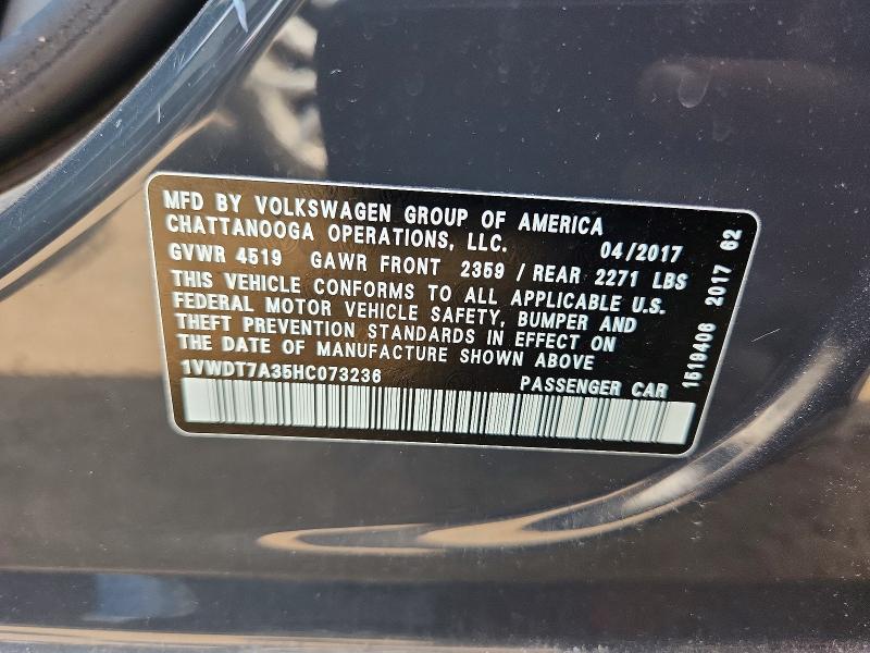 Продаж на аукціоні авто 2017 Volkswagen Passat, vin: 1VWDT7A35HC073236, номер лоту: 64106266