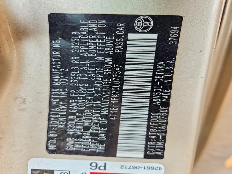 Продажа на аукционе авто 2012 Toyota Camry, vin: 4T1BF1FK2CU077547, номер лота: 60784906