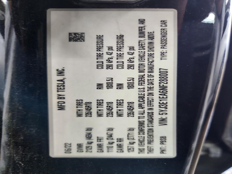66198756 :رقم المزاد ، 5YJ3E1EA6NF288007 vin ، 2022 Tesla Model 3 مزاد بيع