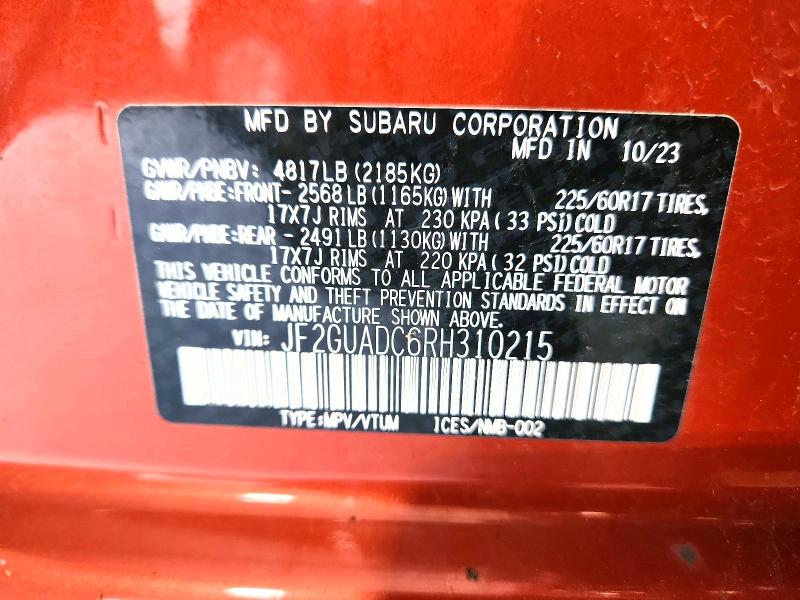 2024 Subaru Crosstrek მანქანა იყიდება აუქციონზე, vin: JF2GUADC6RH310215, აუქციონის ნომერი: 64556666