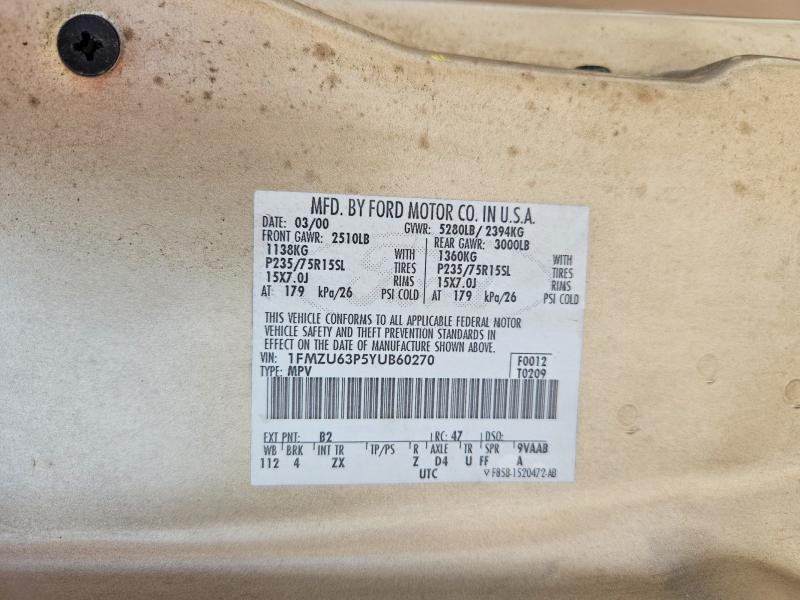 2000 Ford Explorer მანქანა იყიდება აუქციონზე, vin: 1FMZU63P5YUB60270, აუქციონის ნომერი: 66043926