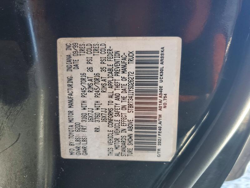 Продаж на аукціоні авто 2000 Toyota Tundra, vin: 5TBRT3411YS026272, номер лоту: 63438436
