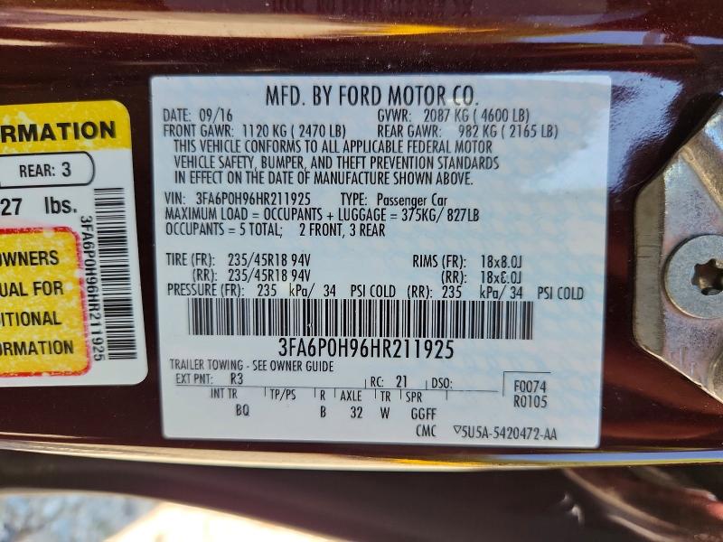 2017 Ford Fusion მანქანა იყიდება აუქციონზე, vin: 3FA6P0H96HR211925, აუქციონის ნომერი: 65804906