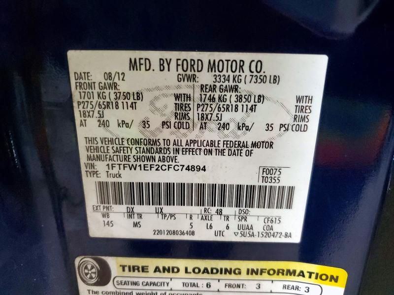 63010096 :رقم المزاد ، 1FTFW1EF2CFC74894 vin ، 2012 Ford F150 مزاد بيع