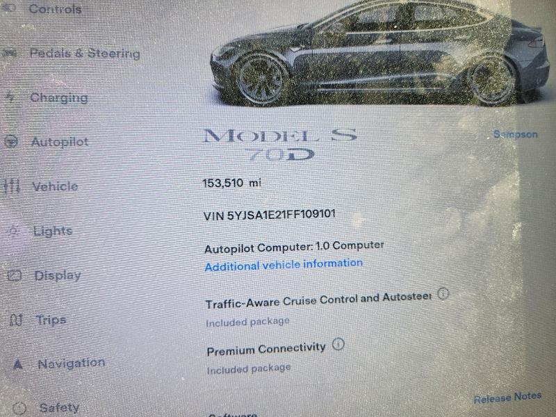 2015 Tesla Model S მანქანა იყიდება აუქციონზე, vin: 5YJSA1E21FF109101, აუქციონის ნომერი: 63154076