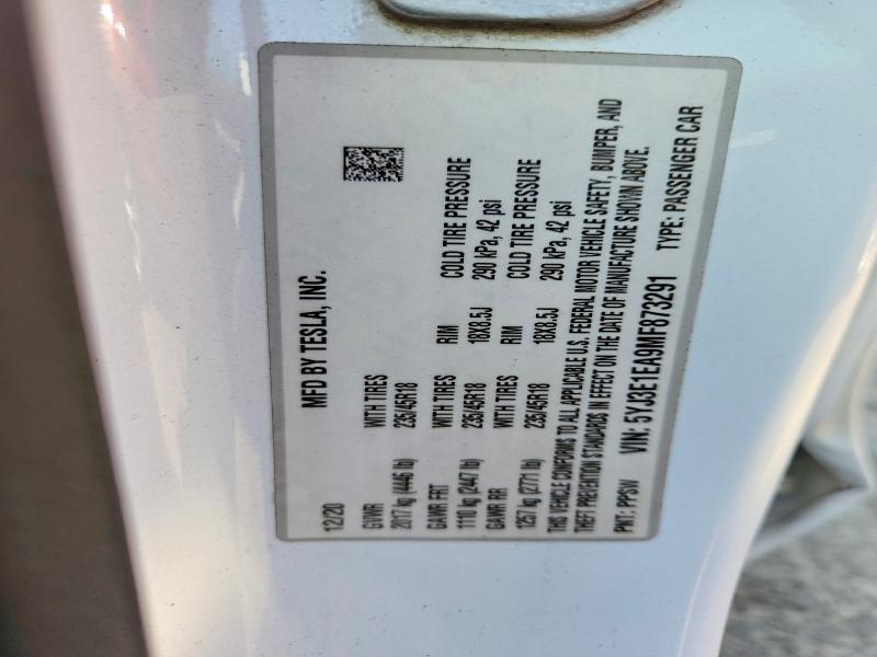 64306966 :رقم المزاد ، 5YJ3E1EA9MF873291 vin ، 2021 Tesla Model 3 مزاد بيع