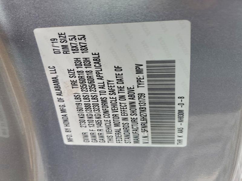 64954476 :رقم المزاد ، 5FNRL6H27KB131759 vin ، 2019 Honda Odyssey مزاد بيع