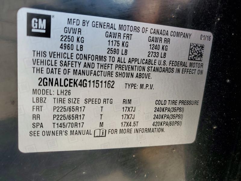 Продажа на аукционе авто 2016 Chevrolet Equinox, vin: 2GNALCEK4G1151162, номер лота: 65343056