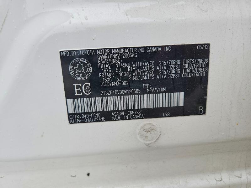 Aukcja sprzedaży 2012 Toyota Rav4, vin: 2T3ZF4DV9CW126585, numer aukcji: 61717196