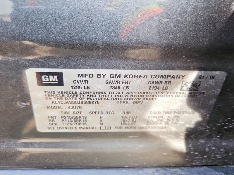 64599966 :رقم المزاد ، KL4CJASB0JB689276 vin ، 2018 Buick Encore مزاد بيع