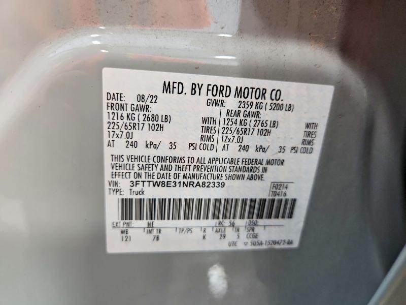 2022 Ford Maverick მანქანა იყიდება აუქციონზე, vin: 3FTTW8E31NRA82339, აუქციონის ნომერი: 66544826