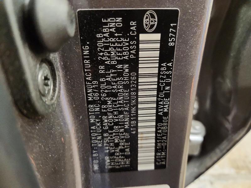 2019 Toyota Camry მანქანა იყიდება აუქციონზე, vin: 4T1B11HK1KU813260, აუქციონის ნომერი: 63804376