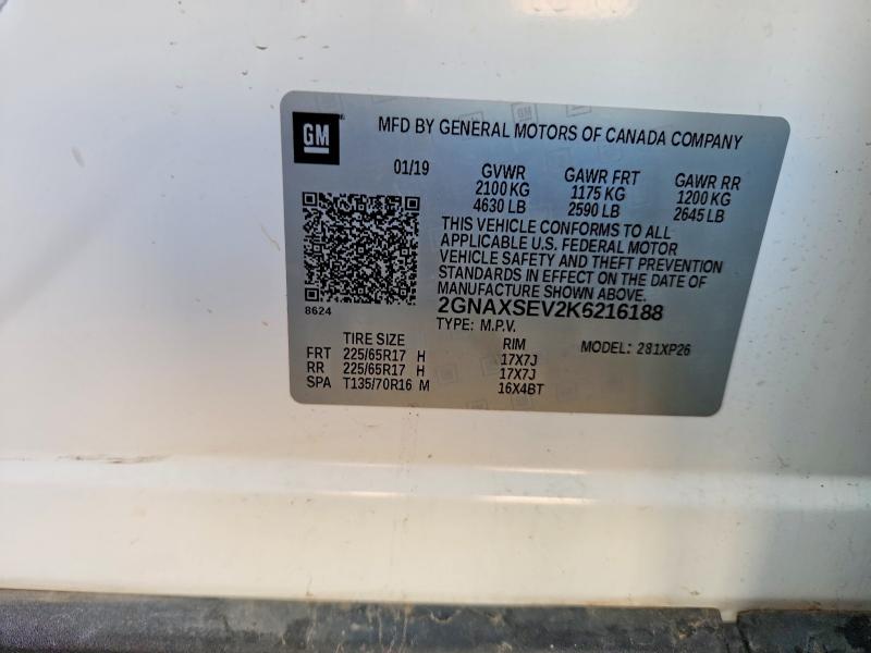 66193206 :رقم المزاد ، 2GNAXSEV2K6216188 vin ، 2019 Chevrolet Equinox مزاد بيع