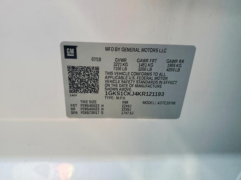 63823286 :رقم المزاد ، 1GKS1CKJ4KR121193 vin ، 2019 Gmc Yukon مزاد بيع
