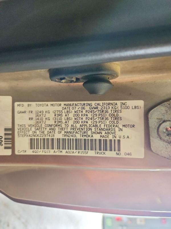 Продаж на аукціоні авто 2006 Toyota Tacoma, vin: 5TEPX42N06Z297418, номер лоту: 63825496