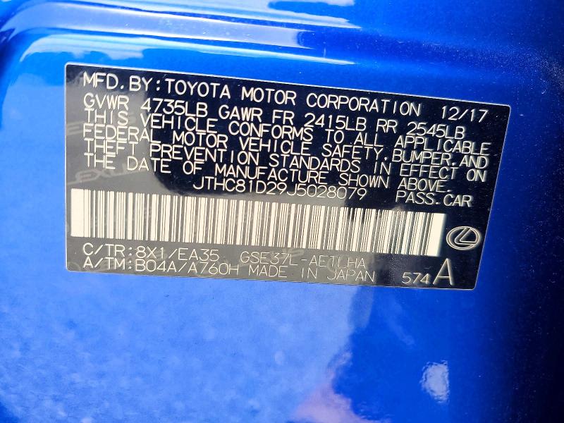 Aukcja sprzedaży 2018 Lexus Is, vin: JTHC81D29J5028079, numer aukcji: 63489206