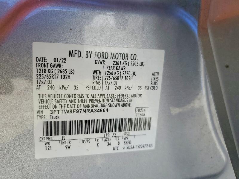 2022 Ford Maverick მანქანა იყიდება აუქციონზე, vin: 3FTTW8F97NRA34864, აუქციონის ნომერი: 65395556