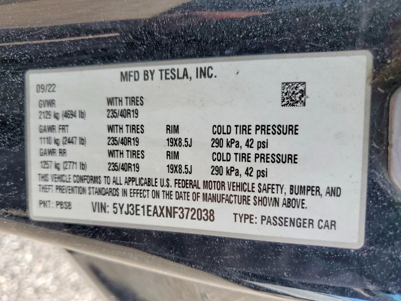 Aukcja sprzedaży 2022 Tesla Model 3, vin: 5YJ3E1EAXNF372038, numer aukcji: 64221106