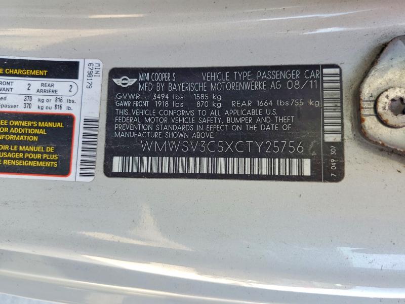 2012 Mini Cooper მანქანა იყიდება აუქციონზე, vin: WMWSV3C5XCTY25756, აუქციონის ნომერი: 64097226