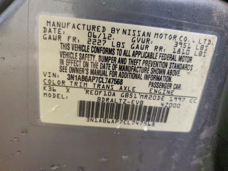 2012 Nissan Sentra მანქანა იყიდება აუქციონზე, vin: 3N1AB6AP7CL747568, აუქციონის ნომერი: 64632036