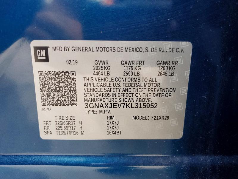 Aukcja sprzedaży 2019 Chevrolet Equinox, vin: 3GNAXJEV7KL315952, numer aukcji: 67160886