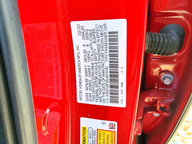 2020 Honda Accord მანქანა იყიდება აუქციონზე, vin: 1HGCV2F30LA015142, აუქციონის ნომერი: 64814106