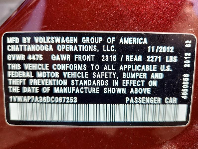Продаж на аукціоні авто 2013 Volkswagen Passat, vin: 1VWAP7A36DC067253, номер лоту: 66275386