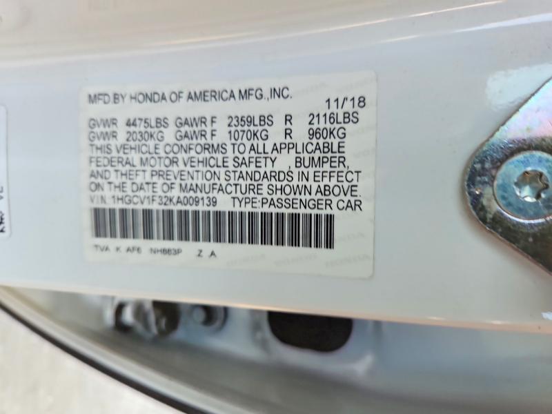 63556396 :رقم المزاد ، 1HGCV1F32KA009139 vin ، 2019 Honda Accord مزاد بيع