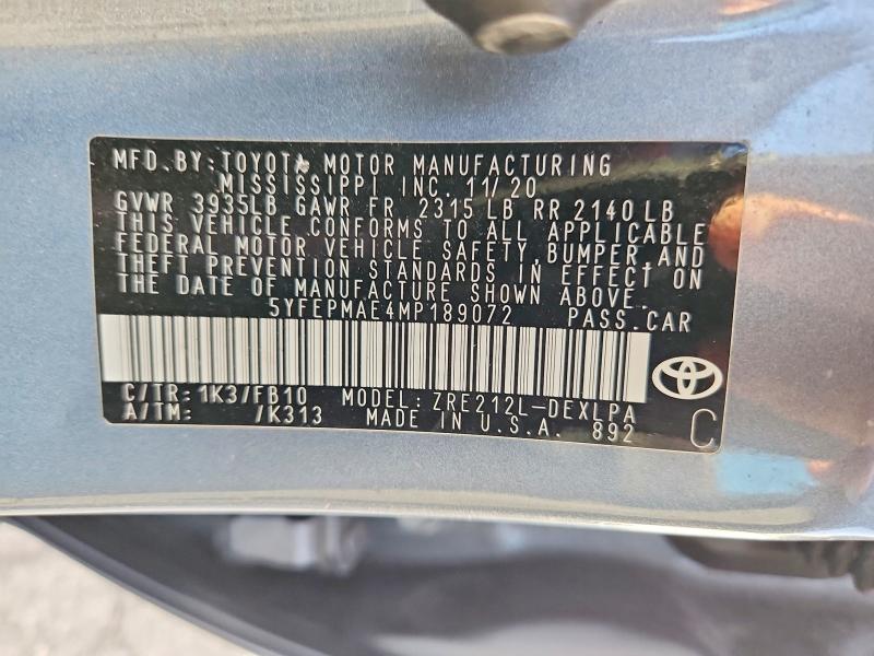 Aukcja sprzedaży 2021 Toyota Corolla, vin: 5YFEPMAE4MP189072, numer aukcji: 65386436