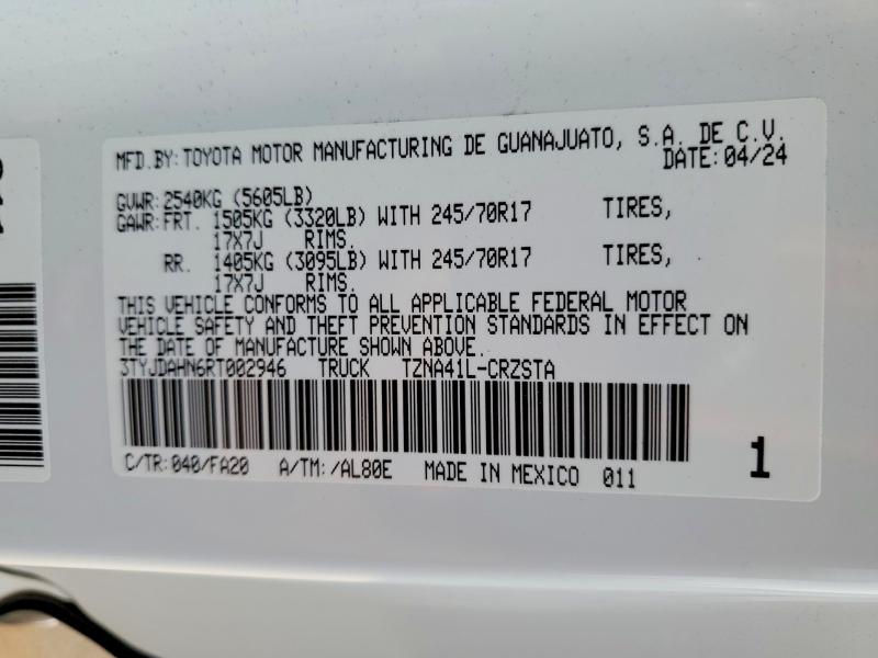 2024 Toyota Tacoma მანქანა იყიდება აუქციონზე, vin: 3TYJDAHN6RT002946, აუქციონის ნომერი: 63882366
