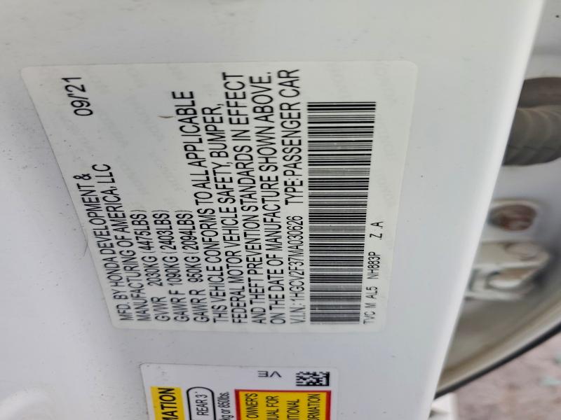 Продажа на аукционе авто 2021 Honda Accord, vin: 1HGCV2F37MA030626, номер лота: 65268706