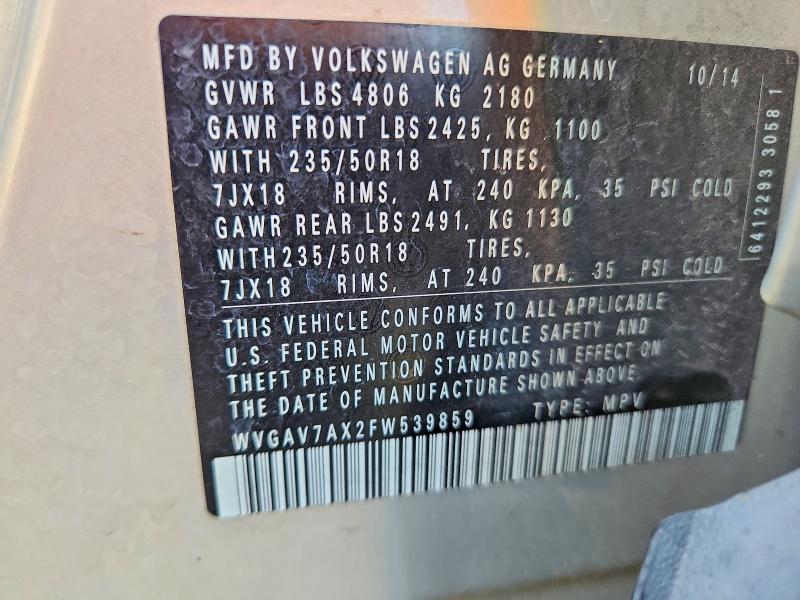 Продаж на аукціоні авто 2015 Volkswagen Tiguan, vin: WVGAV7AX2FW539859, номер лоту: 66581566