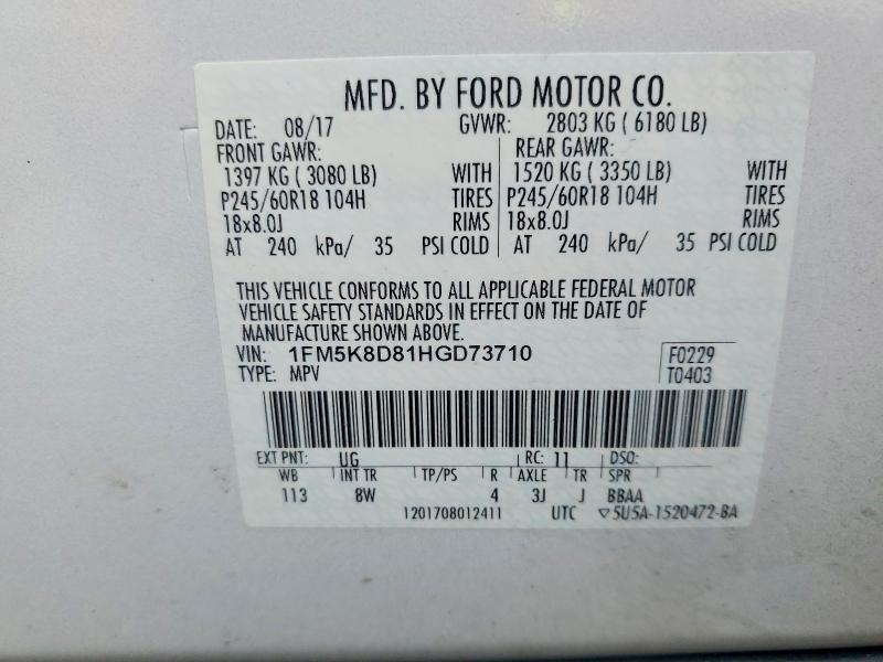 Продажа на аукционе авто 2017 Ford Explorer, vin: 1FM5K8D81HGD73710, номер лота: 64567056