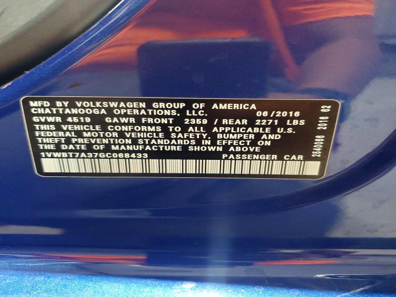 Продажа на аукционе авто 2016 Volkswagen Passat, vin: 1VWBT7A37GC068433, номер лота: 64462146