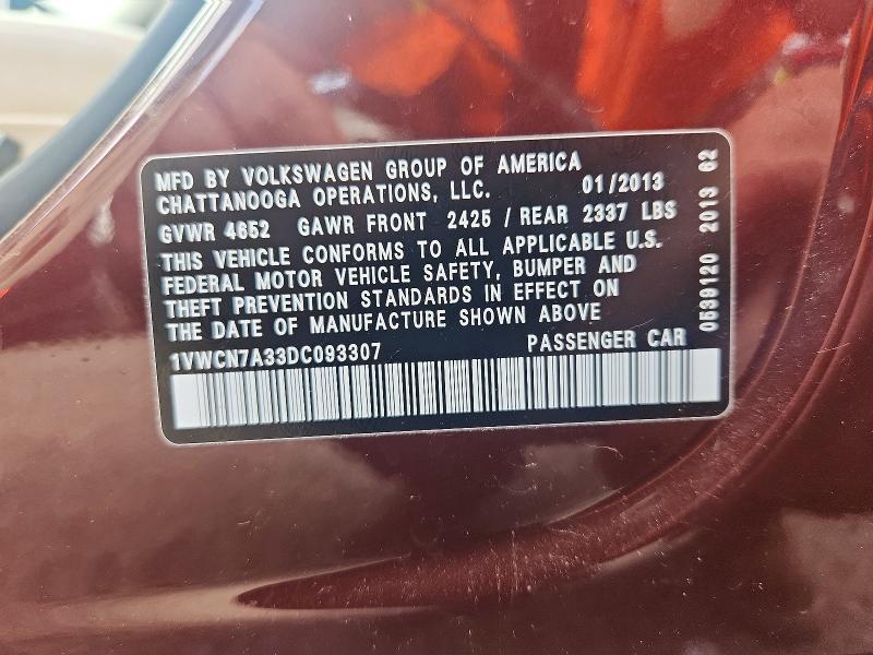 Продажа на аукционе авто 2013 Volkswagen Passat, vin: 1VWCN7A33DC093307, номер лота: 63936966