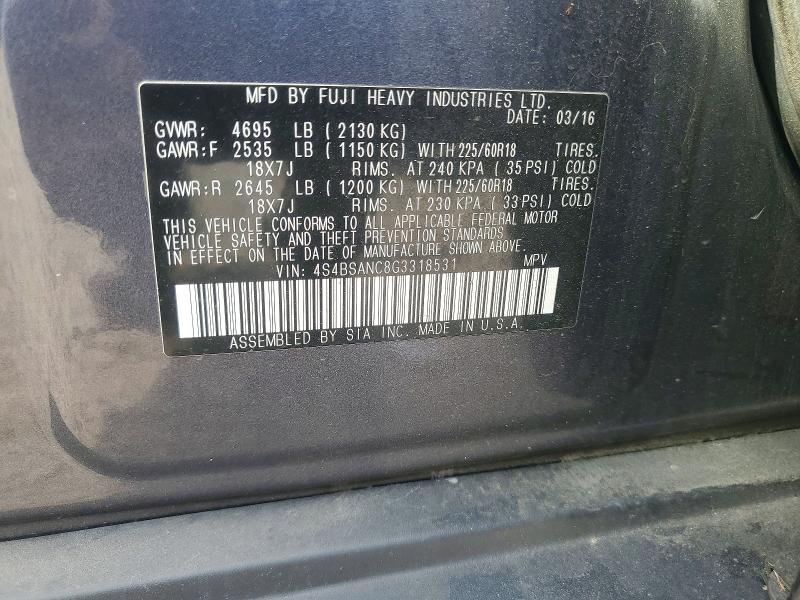 66295116 :رقم المزاد ، 4S4BSANC8G3318531 vin ، 2016 Subaru Outback مزاد بيع