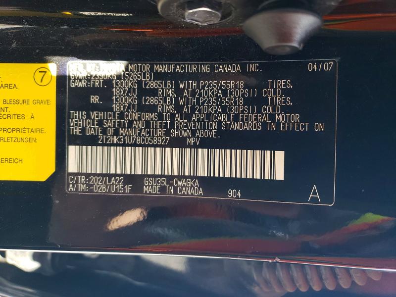 65792176 :رقم المزاد ، 2T2HK31U78C058927 vin ، 2008 Lexus Rx مزاد بيع