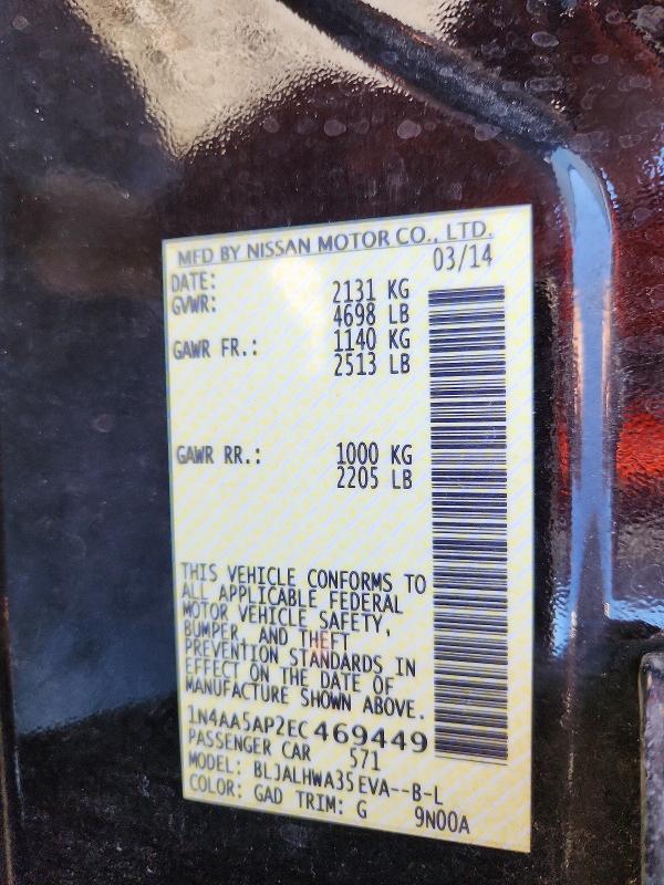2014 Nissan Maxima მანქანა იყიდება აუქციონზე, vin: 1N4AA5AP2EC469449, აუქციონის ნომერი: 65593776