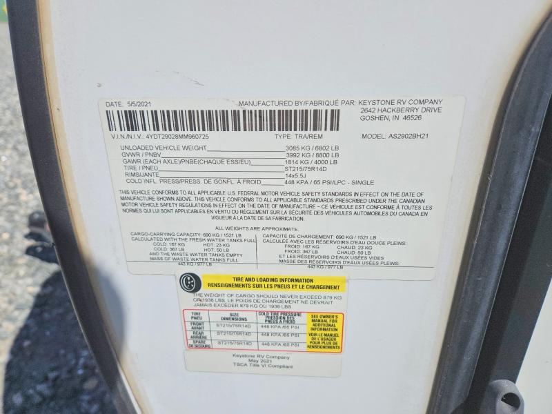 64806576 :رقم المزاد ، 4YDT29028MM960725 vin ، 2021 Keystone Atlas مزاد بيع