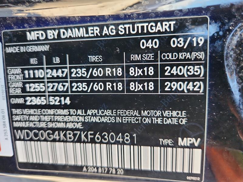2019 Mercedes-benz Glc მანქანა იყიდება აუქციონზე, vin: WDC0G4KB7KF630481, აუქციონის ნომერი: 65909236