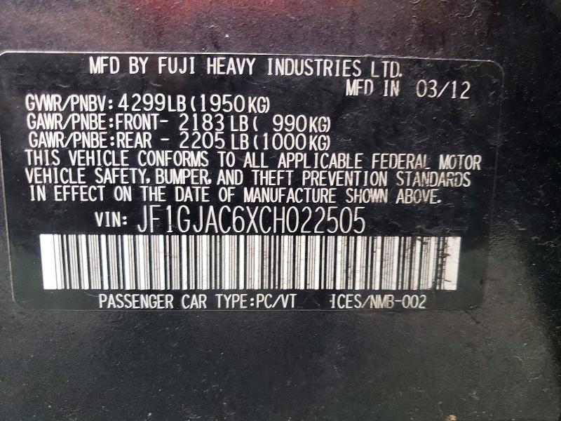 Aukcja sprzedaży 2012 Subaru Impreza, vin: JF1GJAC6XCH022505, numer aukcji: 62297616
