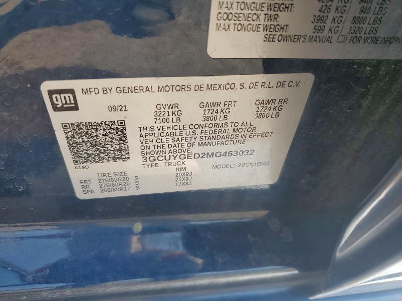 Продаж на аукціоні авто 2021 Chevrolet Silverado, vin: 3GCUYGED2MG463032, номер лоту: 64044766