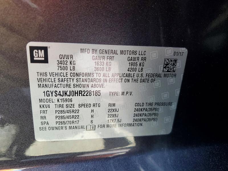 67127206 :رقم المزاد ، 1GYS4JKJ0HR228185 vin ، 2017 Cadillac Escalade مزاد بيع