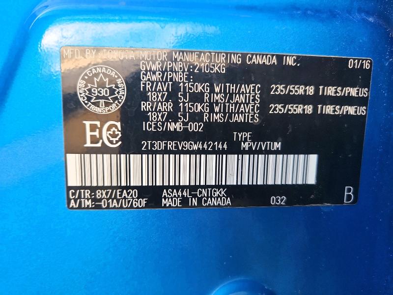 63711706 :رقم المزاد ، 2T3DFREV9GW442144 vin ، 2016 Toyota Rav4 مزاد بيع