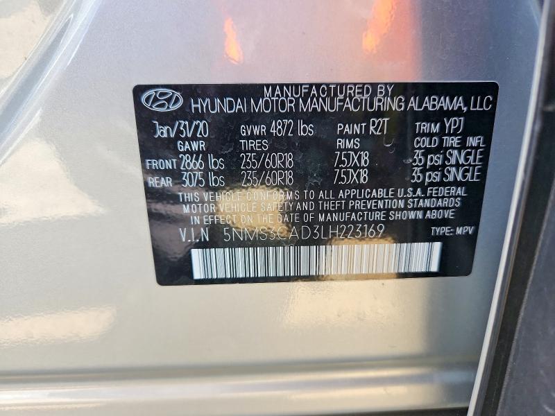 2020 Hyundai Santa Fe მანქანა იყიდება აუქციონზე, vin: 5NMS3CAD3LH223169, აუქციონის ნომერი: 63807036