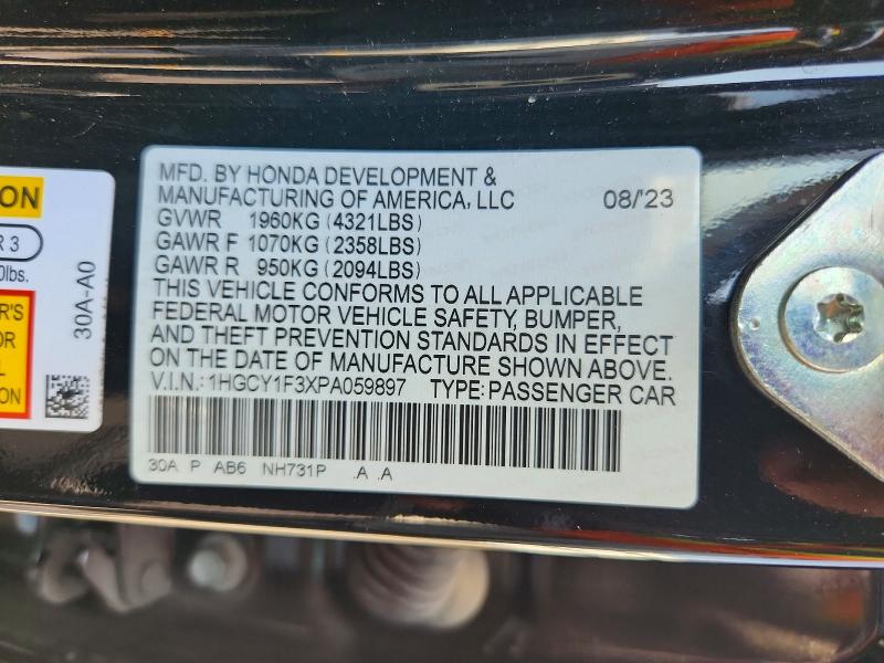 2023 Honda Accord მანქანა იყიდება აუქციონზე, vin: 1HGCY1F3XPA059897, აუქციონის ნომერი: 58626426