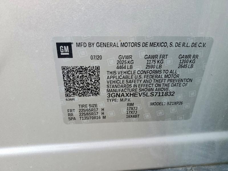 Продаж на аукціоні авто 2020 Chevrolet Equinox, vin: 3GNAXHEV5LS711832, номер лоту: 63154436