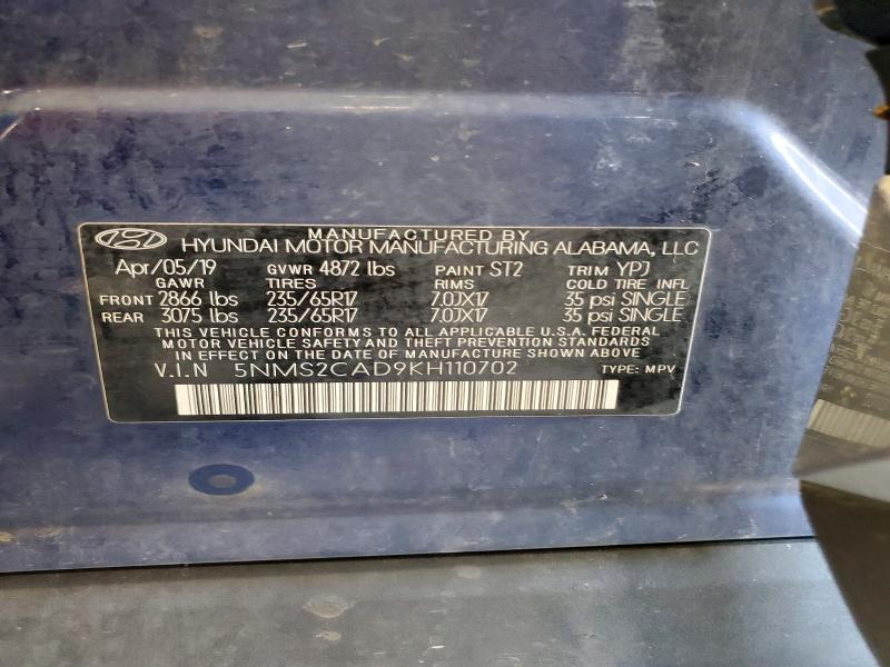 Продаж на аукціоні авто 2019 Hyundai Santa Fe, vin: 5NMS2CAD9KH110702, номер лоту: 65863756