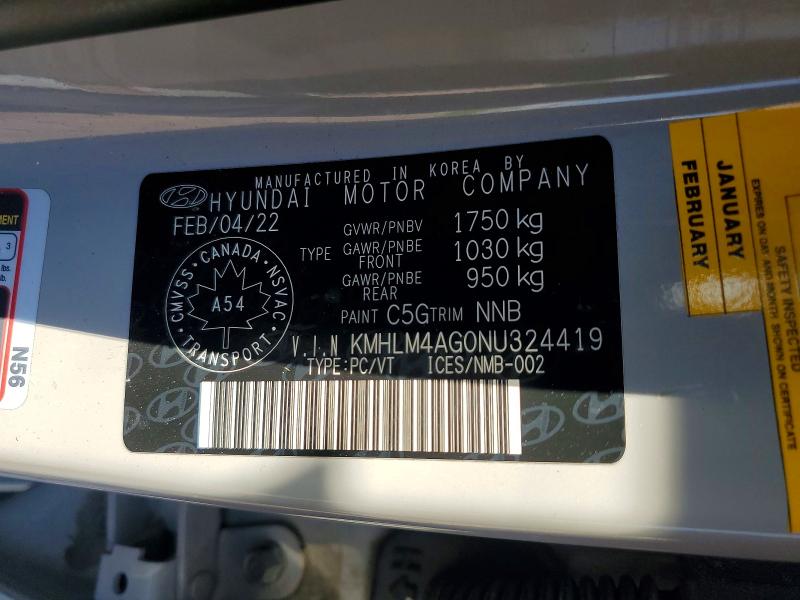 Продаж на аукціоні авто 2022 Hyundai Elantra, vin: KMHLM4AG0NU324419, номер лоту: 63227406